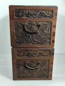 清代老木箱一对，保存完整，雕工精细，喜欢的联系，收藏佳品ll