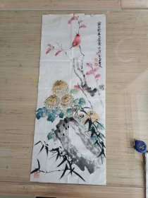 徐家昌，水墨手绘花卉小鸟一副，品相较差，边角有磨损，尺寸96x38厘米