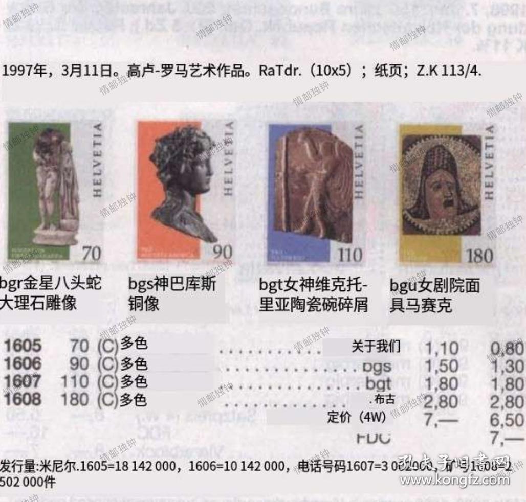 F2924瑞士邮票1997年 考古发现古罗马艺术品 面值70生丁/金星八头蛇大理石雕像 1张(不全) 外国信封四方联首日封FDC 邮票介绍见图二