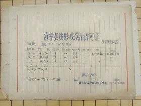 票据：1961年 常宁县皮影剧演出许可证 一张。