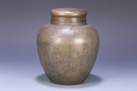 旧藏 老锡器人物故事茶叶罐，尺寸16.3*13.7厘米，重865.8克