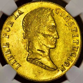 少见品1853年玻利维亚共和国8埃斯库多金币NGC评级AU58收藏