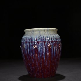 瓷器 清乾隆祭红耀变釉贴塑梅花纹小缸 18*15厘米