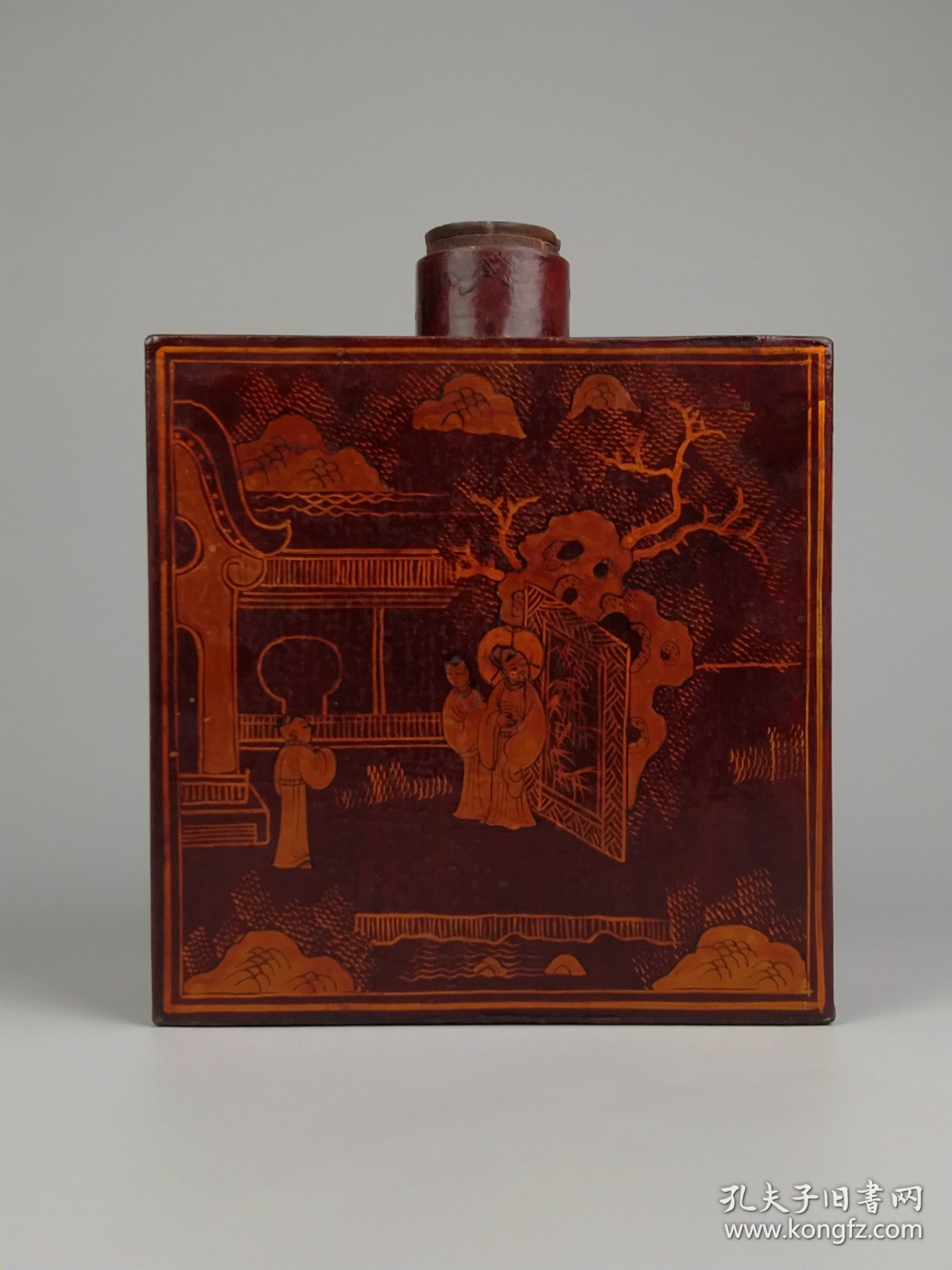 旧藏 【茶食罐】 大漆人物描金，牛皮包边，全品完整，尺寸如图！