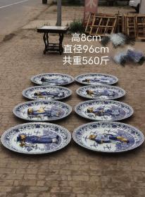 美品·款识“大清乾隆年制”精工细作满工青花高浮雕刻瓷描金“八仙”纹赏盘一套。