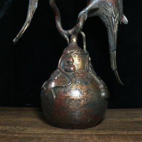 旧藏纯铜泥金朱砂彩鹦鹉葫芦鸟摆件 尺寸：高34.5cm，长19cm，宽10cm 重量：2905克