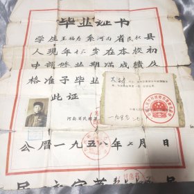 毕业证书1958年 证明书1959（河南省民权第一中学）杂项二