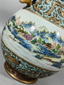 旧藏清乾隆古铜彩山水尊