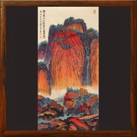 看万山红遍 层林尽染R8506手绘竖幅仿古名家山水画红色风格国画玄关门口书房办公室中堂挂画