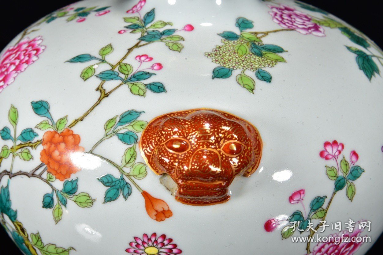 瓷器 清乾隆粉彩花卉纹虎头瓶 20*20厘米