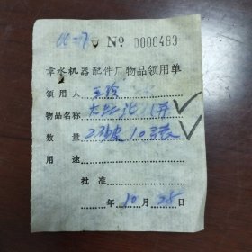 鄞县章水机器配件厂物品领用单2张，九十年代的村办企业资料。