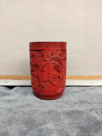 北京工艺美术款龙凤呈祥铜胎雕漆笔筒