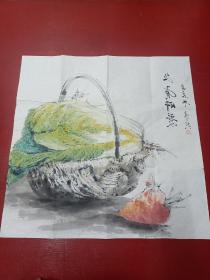 画家高兴，原名:高志亮，实力青年画家，水墨国画萝卜白菜篮子草虫《各有所爱》 约68X68厘米，未裱宣纸画芯   折叠后装信封发货  惠民价