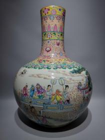 大清乾隆年制，珐琅彩花卉纹开窗群仙祝寿天球瓶，高：54cm，肚直径：39cm