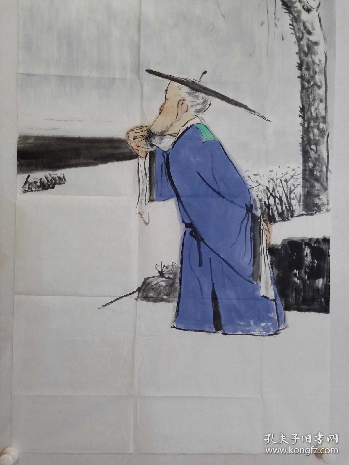 保真书画，中央美术学院硕士，当代优秀潜质画家，闫畅青四尺整纸人物画《雪霁远眺图》137×68.5cm。