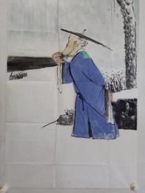 保真书画，中央美术学院硕士，当代优秀潜质画家，闫畅青四尺整纸人物画《雪霁远眺图》137×68.5cm。