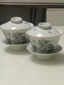 四川泸州三件套盖杯黄山风景山水三才子盖杯一对
