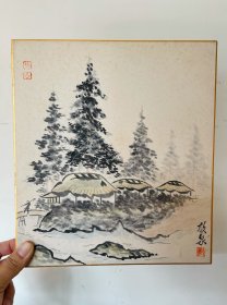 574日本卡纸色纸画，回流老字画。纯手绘，写意国画，水墨画。色纸。山水