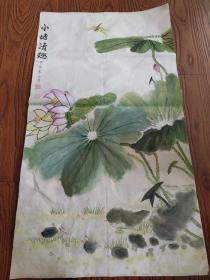 小塘清趣    荷花，荷叶 鱼，蜻蜓 甲午年  国画