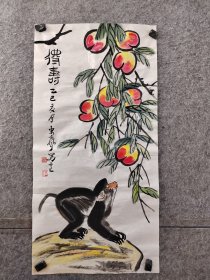 【得自画家本人，渠道可靠，保真交流】杨东声老师写意猴子寿桃，三尺整张，便宜卖了，杨东声，字本农，号金山居士，1973年生，1993年毕业于上海美术学院，师从著名海派画家梅若先生，现为安徽省美协会员，擅写意花鸟，国画《双鸡图》《百鸡图》曾在2006纪念*人逝世30周年全国书画大赛第五名