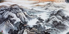 山水画，富贵云峰平湖秋韵吉祥图，浅绛风格，很有意境，写意画法，皴法点染，纯手绘作品，可以让老师合影，假一赔万，都是本人精心收藏的，支持第三方鉴定，吉林省美协理事苏凤江老师本人真人真迹纯手绘的原创大作，实际画的比照片拍出来要漂亮的多，笔法苍劲有力，浓淡干湿焦，行云流水。尺寸1.38米×70公分的，四尺整张的，家里客厅，沙发背景墙，书房，茶室，办公室都可悬挂，非常大气，构图很有味道，装裱后效果非常棒。