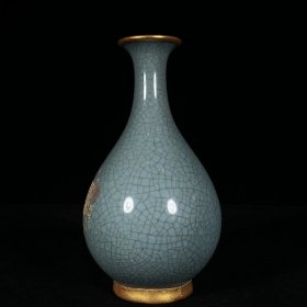 宋汝窑包口铭文刻仕女玉壶春瓶，高22.5直径12厘米
