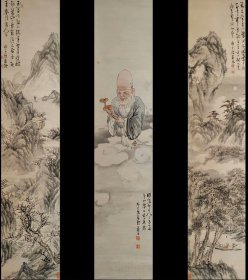 田能村直外 三对幅 山水人物图 手绘 真迹 古笔 南画  挂轴 国画 文人画 茶挂 茶室 茶道具 老画 古画
附 原装老木箱