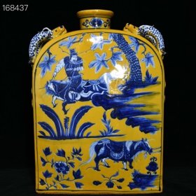 元黄地青花萧何月下追韩信纹扁瓶，高40.3cm直径29cm，