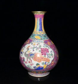 旧藏 明代宣德五彩描金孔雀花鸟纹玉壶春瓶【 28x18.5cm 】