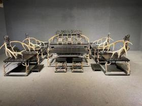 清代小叶紫檀鹿角沙发十八件套古董传世二手紫檀木器老家具