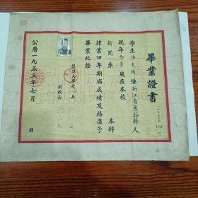 1955年，（浙江慈溪名人）复旦大学，毕业证书，（39X45.5）