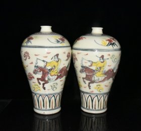 唐代釉中彩人物故事梅瓶一对【33×19.5cm】