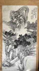 196*96巨幅作品，日本1893年水墨山水，半仙笔，纸本纸裱，大个木质工艺轴头，画心196*96，罕见巨幅，十分震撼，画心有一处绿渍