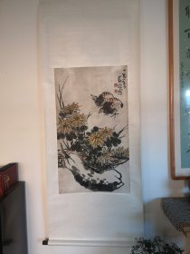 著名画家李苦禅手绘安居乐业图轴一幅，画心55/95CM，全绫装裱，完整。