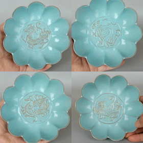 汝窑天青釉四大神兽碟一套