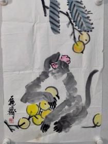 保真书画，北京曲艺名家，主持人，画家，甄齐国画作品一幅《猴子摘桃》69.5×48cm软片