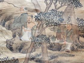 松村吴春 ，日本南部绘画大师之一。 山水人物绢本老画 立轴，高级裱工。年代久远，画面黄斑，褶皱，请细看图片。

松村吴春（Matsumura Goshun，1752－1811年）本姓松村，名丰昌，通称文藏，字伯望，号允白、月溪、蕉雨亭、百昌堂。日本江户时代画家，四条派创始人。日本南部绘画大师之一。
松村吴春结合中国文人画的风格，提高了日本绘画的艺术性与表现力。
画心尺寸：107×50