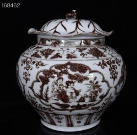元代釉里红四爱纹荷叶罐尺寸35*34厘米