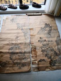 清代设色山水画一对