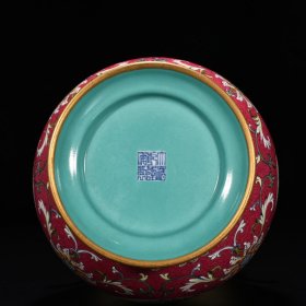 旧藏 清乾隆珐琅彩胭脂红轧道纹开窗四季花鸟纹转颈瓶 26.5*18厘米