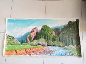 画工绝对精制，手绘油画一幅109×59厘米，实物拍摄品佳详见图