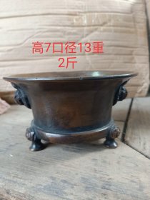 明代紫铜三足鸡头香炉一个，包浆老道，精铜打造，造型美观，品相如图