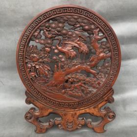 黄杨木镂空雕刻屏风摆件，雕刻松鹤延年图案，