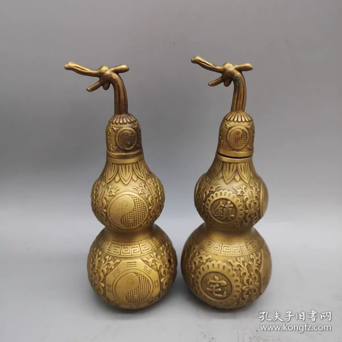 纯黄铜福禄寿喜财葫芦瓶一对