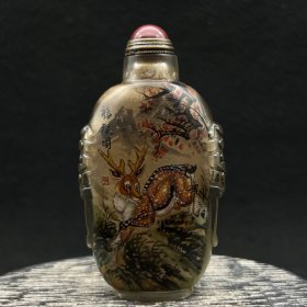 纯手工绘画【福禄图】字画琉璃双面画工内画鼻烟壶 尺寸：宽5.1x厚3.1x高9.1厘米 重量：71克