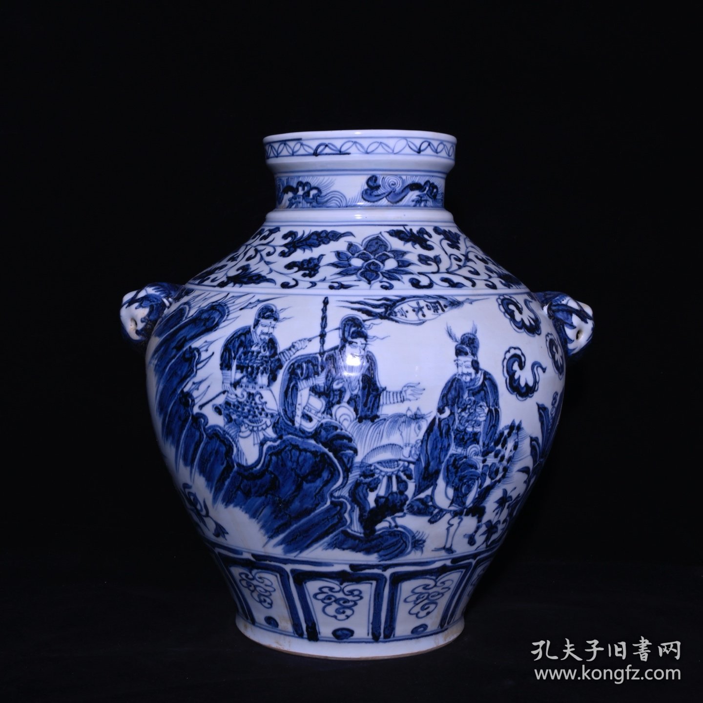 旧藏 元代青花唐太宗人物故事纹狗头罐一对 高39x38厘米