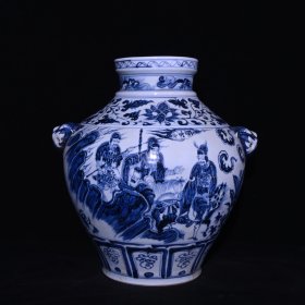 旧藏 元代青花唐太宗人物故事纹狗头罐一对 高39x38厘米