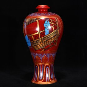 宋汝窑大漆鎏金人物梅瓶，高28厘米，直径13厘米