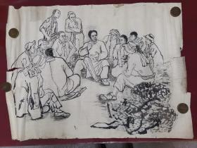著名画家傅百忍，年画水墨草稿，毛主席向农民宣传革命，大幅，有落款