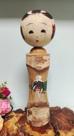 日本民芸工艺，大尺寸樱木雕，彩绘木偶。头部直径7厘米，高24厘米。